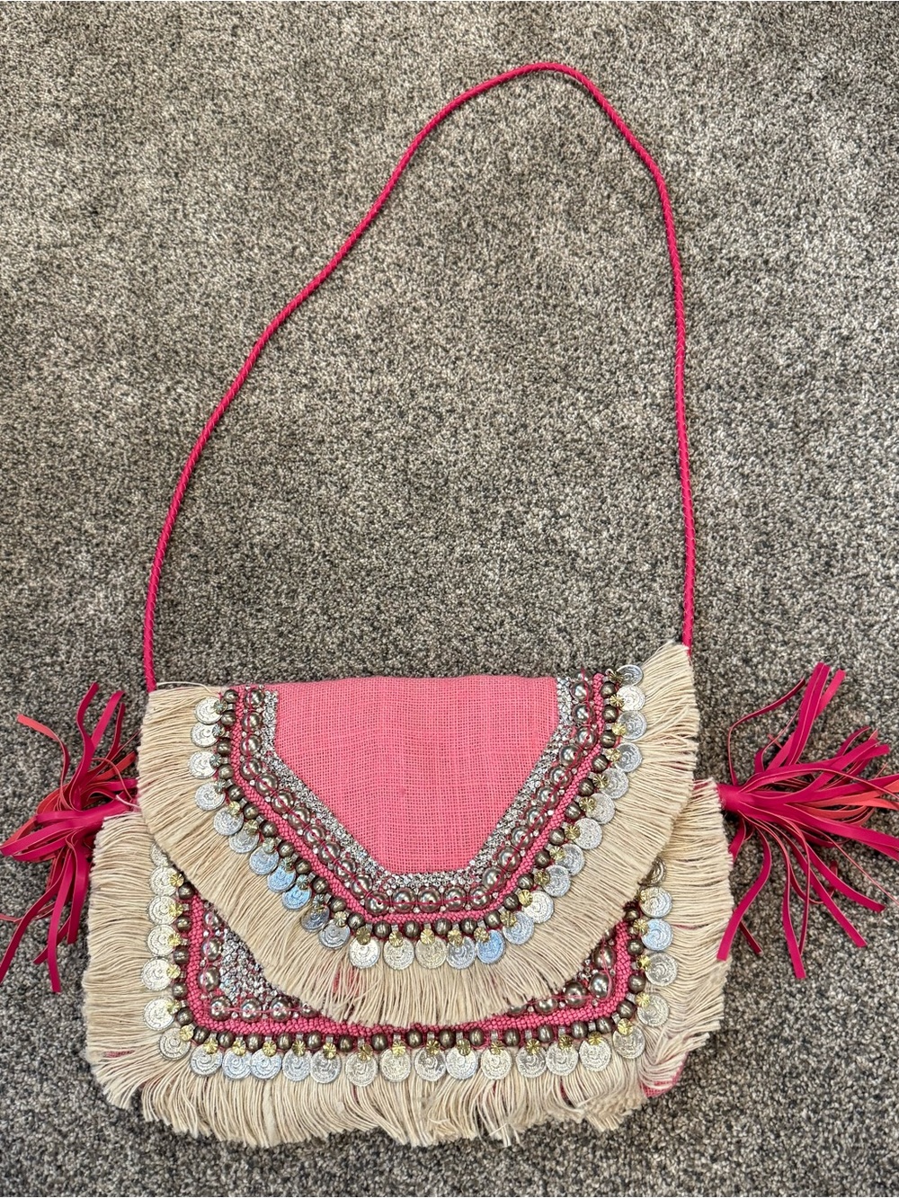 Boho Fringe Pink Crossbody Bag with Coin Embellishments